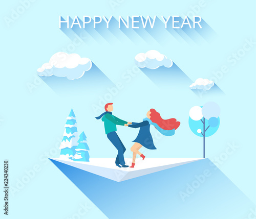 Happy New Year card with winter landscape and enamored couple.
