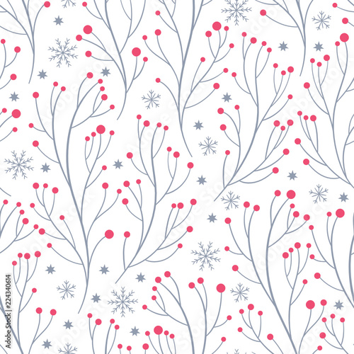beautiful seamless pattern with branches and snowflakes, winter theme, whitebackground