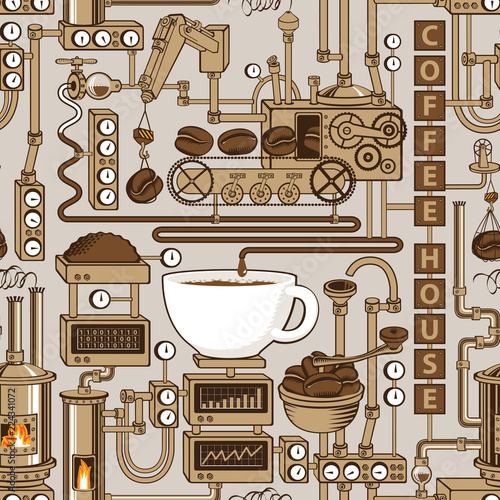 Vector seamless pattern on coffee theme with a cup of freshly brewed coffee, plant with conveyor coffee production in retro style and with words Coffee house.