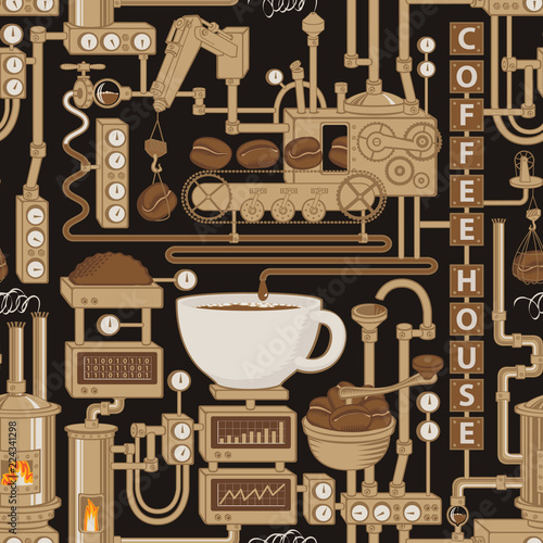 Vector seamless pattern on coffee theme with a cup of freshly brewed coffee, plant with conveyor coffee production in retro style and with words Coffee house.