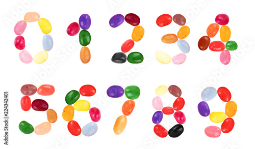 A set of jelly beans in the form of numbers on a white background