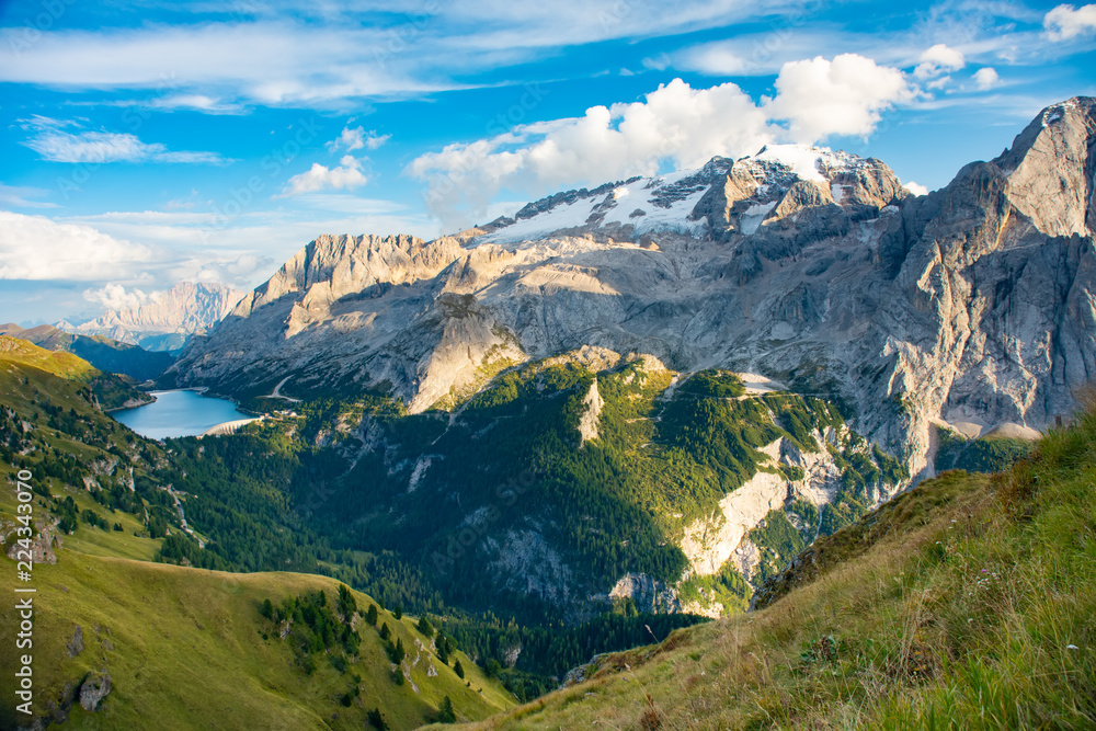 View to Marmolada and Fedaia Lake Dolomites Italy