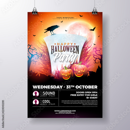 Halloween Party flyer vector illustration with tombstone and pumpkins on mysterious red background. Holiday design template with crow and fliyng bats for party invitation, greeting card, banner or