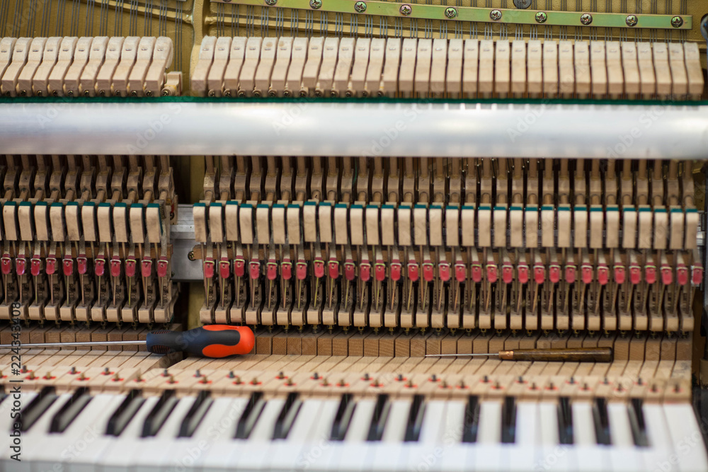 Piano repairers or musicians are repairing and customizing the piano. Piano repairers or musicians are repairing and customizing the piano.