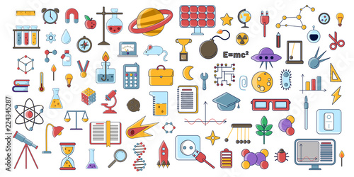 Set of scientific vector flat icons, education signs and symbols in colored modern science design with elements for mobile concepts and web apps. Collection of cute educational and science icons photo