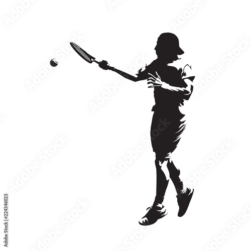 Tennis player, forehand swing. Abstract isolated vector silhouette. Ink drawing, side view. Individual sport, active people