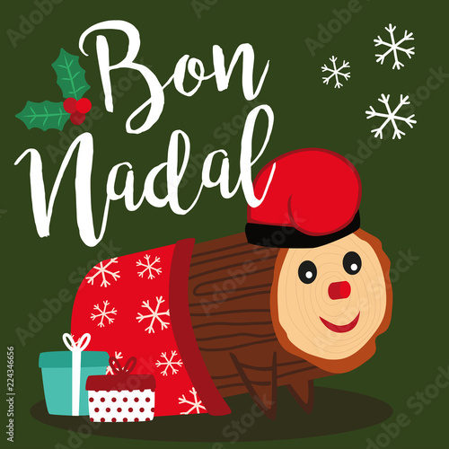 Caga Tio vector illustration. Traditional Christmas Celebration in Catalonia and Aragon. Merry Christmas lettering written in catalan.