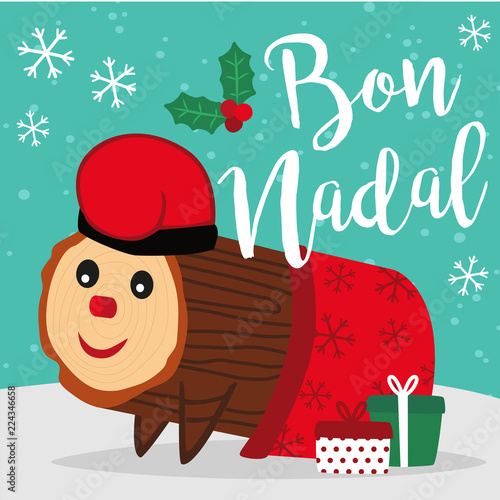 Caga Tio de Nadal, a typical Christmas character from Catalonia and Aragon, Spain. Vector illustration. Merry Christmas lettering written in catalan. photo