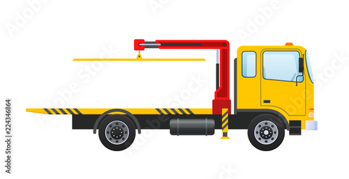 Tow truck with equipped hydraulic manipulator, lifting crane with platform.