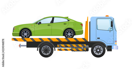 Tow truck with equipped winch, lifting transport to platform.