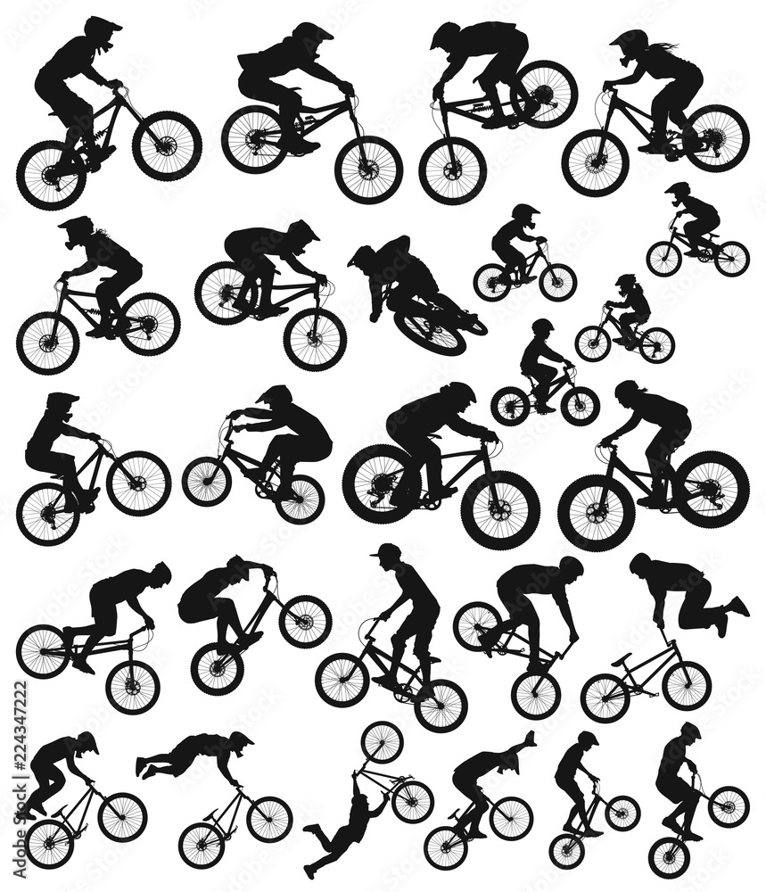 Downhill Cross Country Freeride Trial Slopestyle Dirt Jump Bmx And Mountain Bike Bicycles Vector Silhouette Collection Stock ベクター Adobe Stock