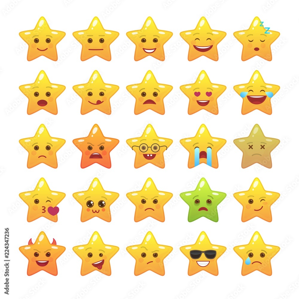 Star shaped comic emoticons isolated set. Smile faces with various ...