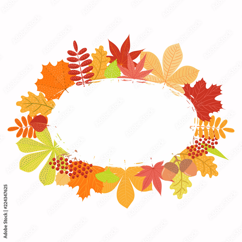 Hand drawn vector illustration with frame of autumn leaves, copy space. Isolated objects on white background. Flat style design. Concept for seasonal banner, poster, card. Hand drawn vector illustration with frame of autumn leaves, copy space. Isolated objects on white background. Flat style design. Concept for seasonal banner, poster, card.