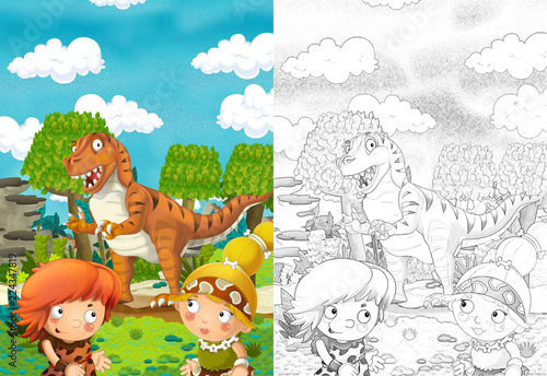 cartoon scene with dinosaurs and cavemen in the jungle - with coloring page - illustration for children