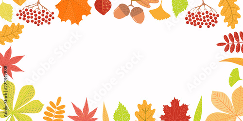 Hand drawn vector illustration with frame of autumn leaves, rowan berries, acorns. Isolated objects on white background. Flat style design. Concept for seasonal banner, poster, card.