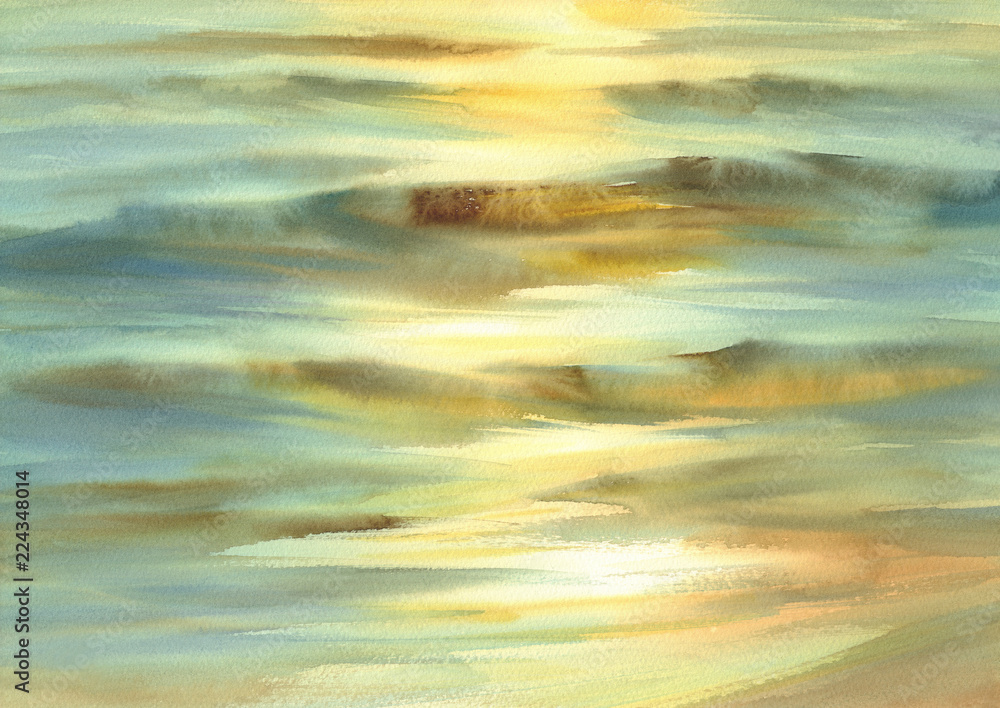 Sunny sea with evening sun reflections watercolor background