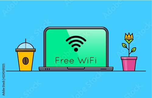 Free wifi zone symbol on laptop screen thin line icon. Wireless network connection outline pictogram. Laptop computer on table. Free wifi area symbol. Internet browser interface vector illustration