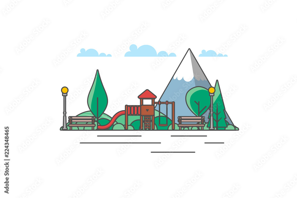 Vector minimal Illustration of outdoor playground with black outline stroke. 