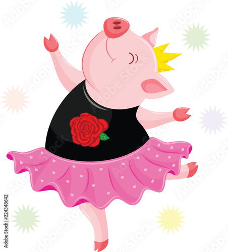 Cute pig in pink dress and crown dancing. Animal character design. Vector illustration isolated on white background.