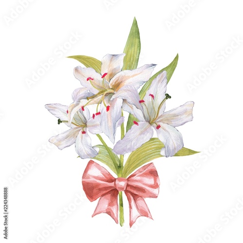 Watercolor bouquet of lily. White flowers and bow