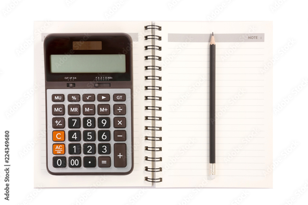 Notebook Pencil and Calculator on White Background. Notebook Pencil and Calculator on White Background.