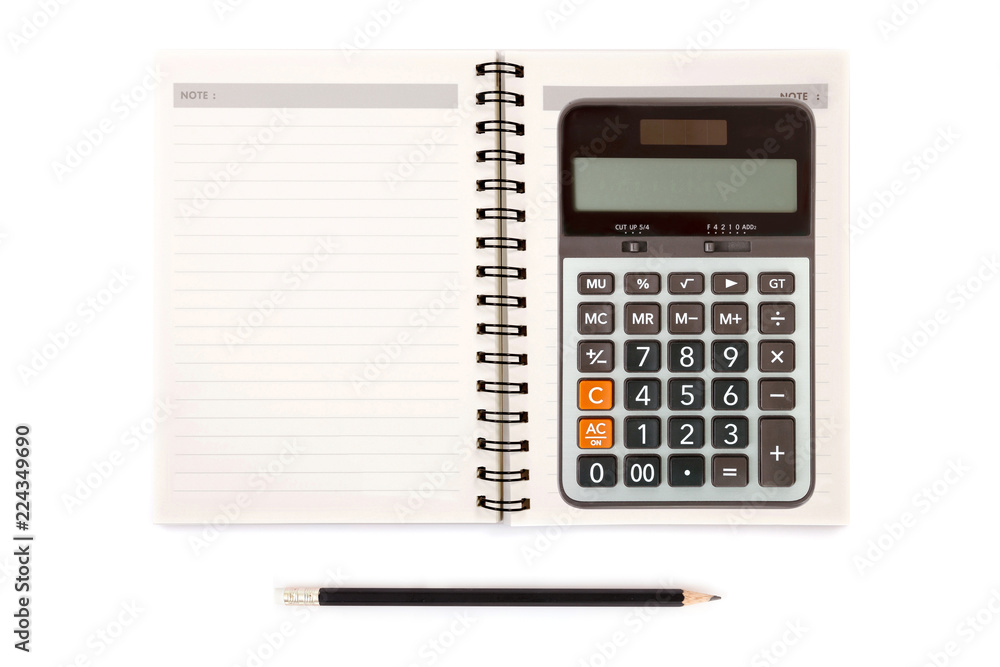 Notebook Pencil and Calculator on White Background. Notebook Pencil and Calculator on White Background.