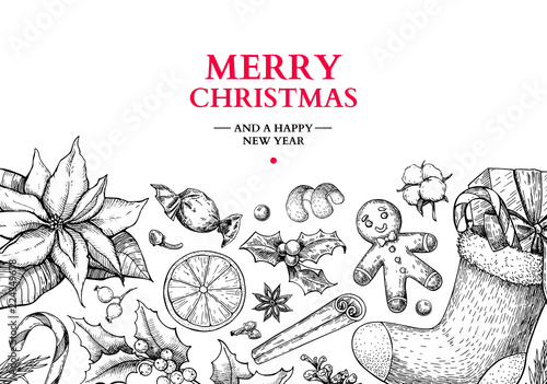 Christmas holiday greeting card. Vector hand drawn illustration 