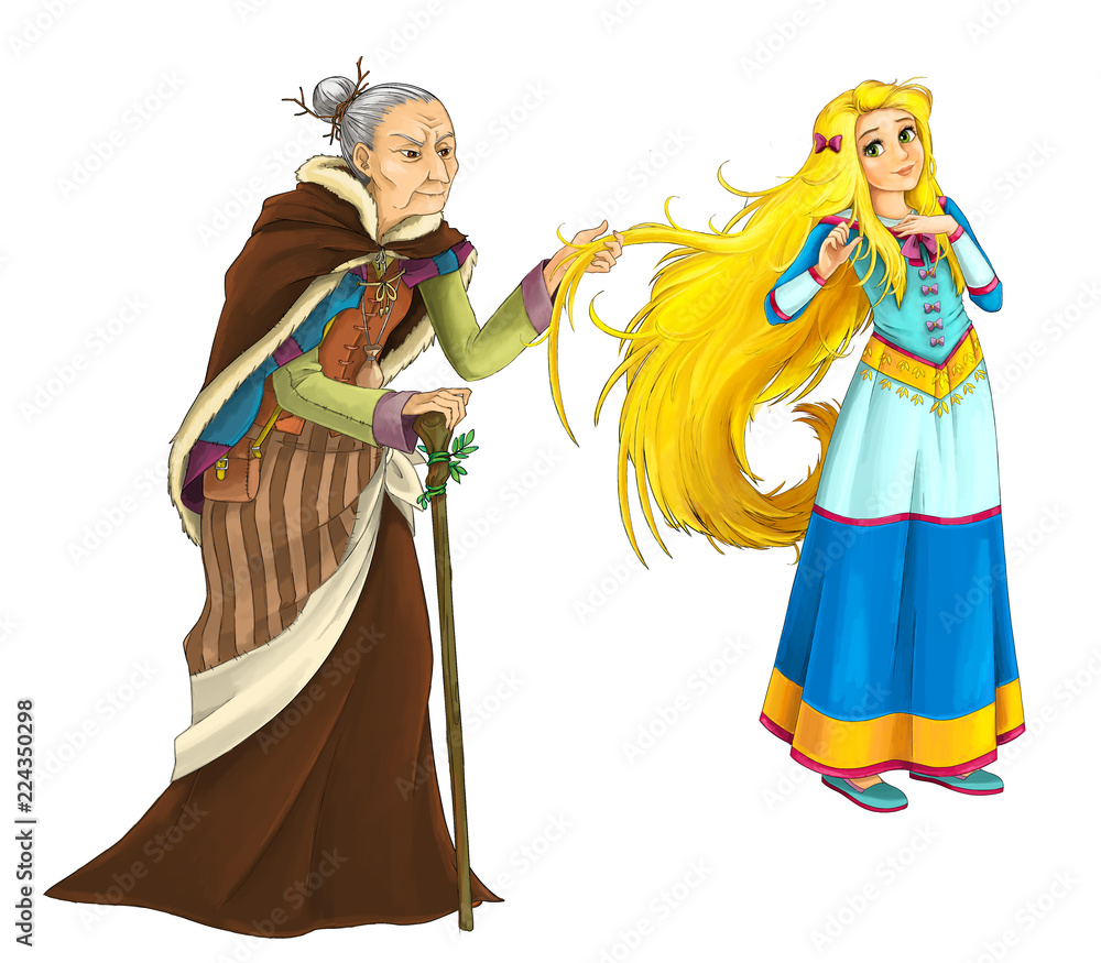 cartoon young princess and old witch - smiling beautiful woman - illustration for children