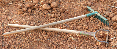 Green rake and hoe on the brown soil. © Fil_K