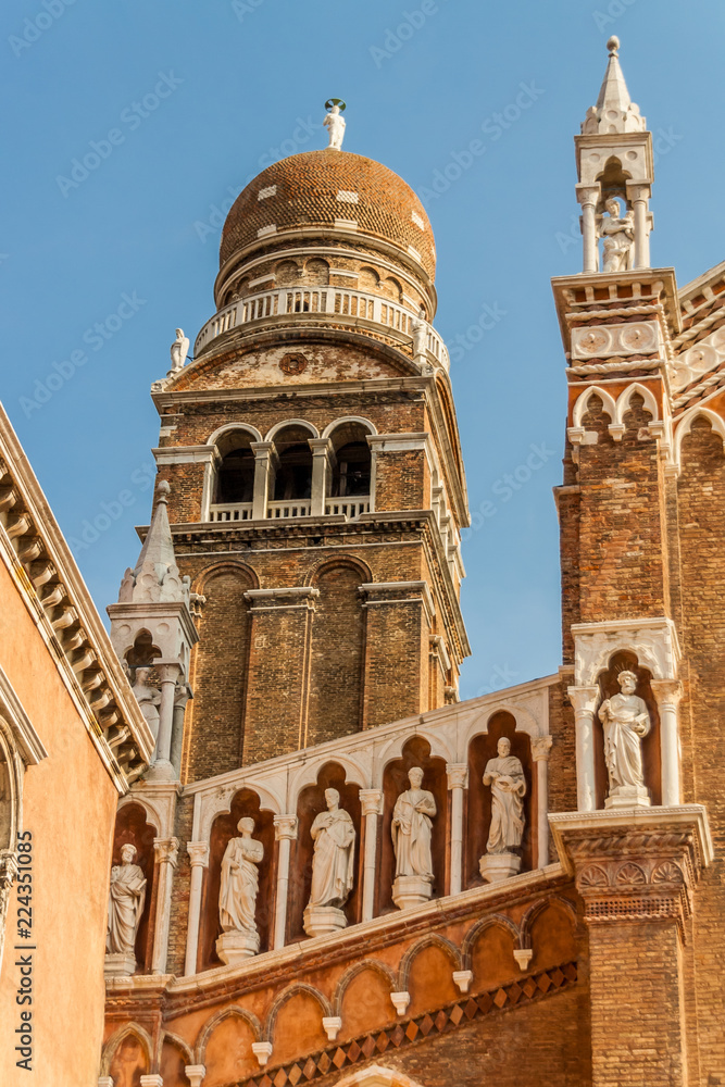 Statues on the facade of Madonna dell Orto, Venice, Italy.