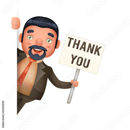 Businessman look out corner thank you paper broadsheet poster in hand cartoon character design isolated vector illustration