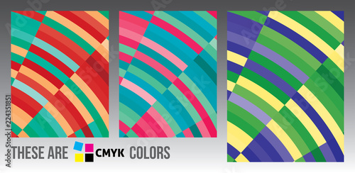 Set of abstract vertical backgrounds with bright colour stripes. CMYK colors