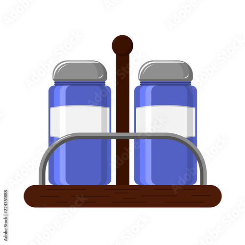 Set for kitchen glass saltcellar and pepper with metal covers on a wooden stand