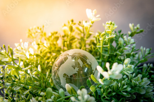 World globe cystal glass on green leaves bush. Environmental conservation. World environment day. Global business for sustainable development. Nature and ecology concept.