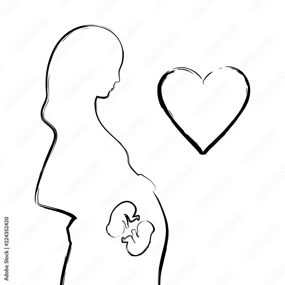 Expecting pregnant mother, twins. Black outline, white background. Design element for pregnancy theme. Vector illustration.