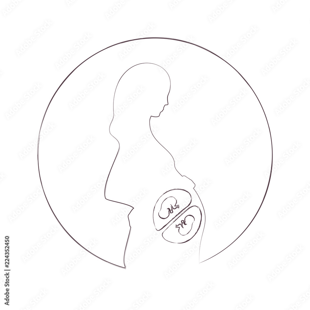 Expecting pregnant mother, twins. Black outline, white background. Design element for pregnancy theme. Vector illustration.