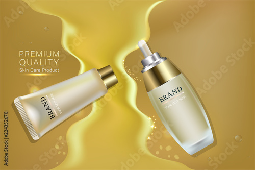 Beauty product, gold cosmetic containers with advertising background ready to use, luxury skin care ad, vector illustration.	