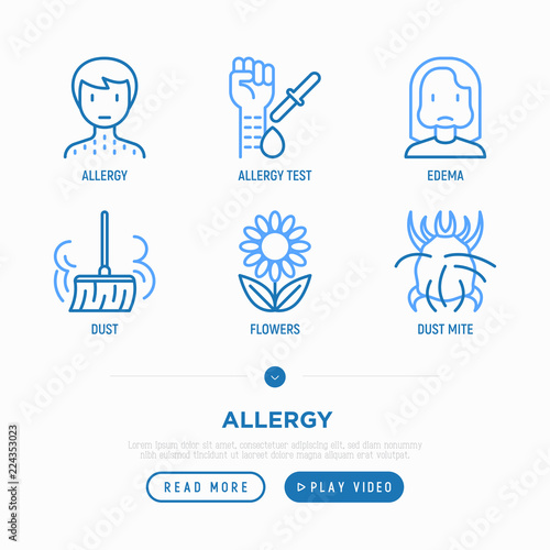 Allergy thin line icons set: dust, dust mite, pollen, allergy test, edema. Modern vector illustration.