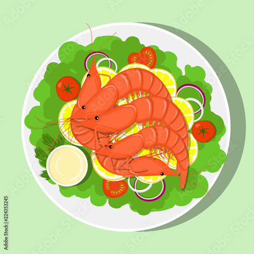 Royal shrimps with lemon slices, lettuce leaves, onion, tomatos, sauce. Vector flat illustration.