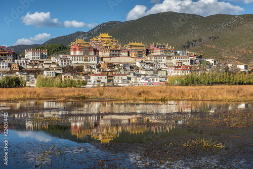 Reflection of Songzanlin Monastery in the lake with line tree foreground and mountain range background in clear blue sky day, Shangri-la, Zhongdian, Yunnan, China