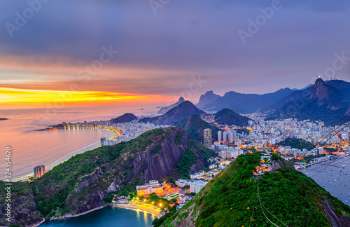 Sunset view of Copacabana,  Corcovado and Botafogo in Rio de Janeiro. Brazil