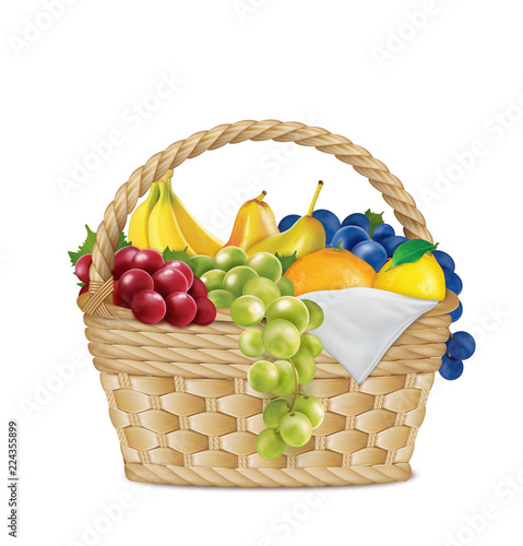 Picnic basket with lemon, grapes, a branch of bananas, orange, pears, napkin. Vector illustration