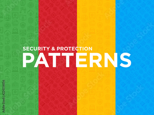 Four different Security and protection seamless patterns with thin line icons: mobile security, fingerprint, badge, firewall, face ID, secure folder, surveillance camera, keyset. Vector illustration.