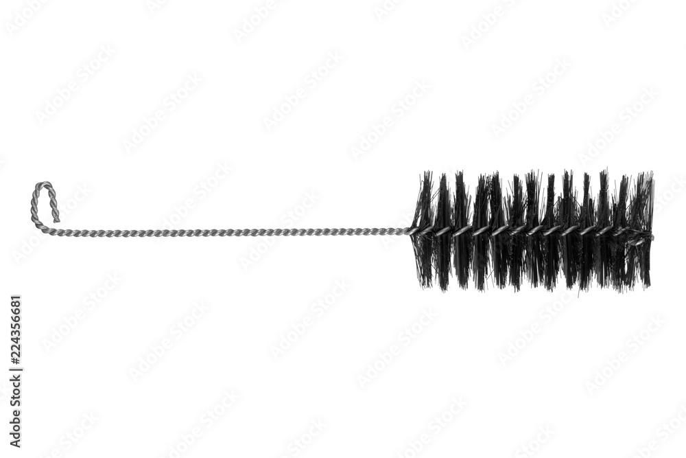 Brush of metal woven metal wire with black bristles. Brush for toilets, pipes, gun barrels isolated on white background - obrazy, fototapety, plakaty 