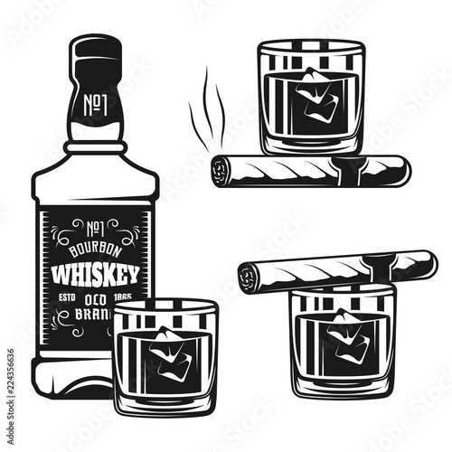 Whiskey bottle with glass and cigar vector objects