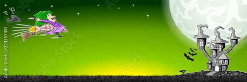 halloween banner with a witch flying on a rocket powered broom