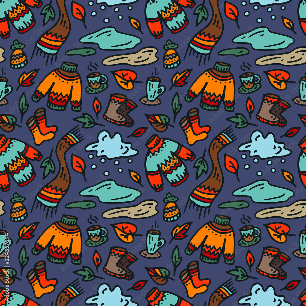 Autumn seamless pattern. Autumn background. The sweater, scarf, boots, cup of coffee, puddles, clouds, leaves