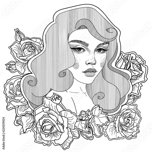 vector  pin up girl in roses old school, black and white coloring, ornament, sticker