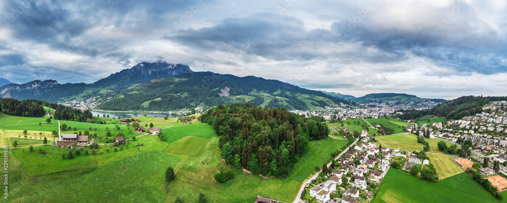 Village Horn, Mount Pilatus, Switzerland, May 13, 2018. Landscape of village and mountains.