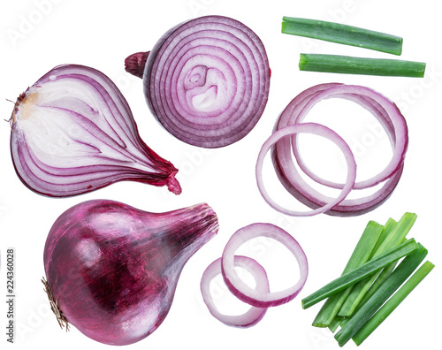 Red onion bulbs, cross sections of onion and spring onion on white background.